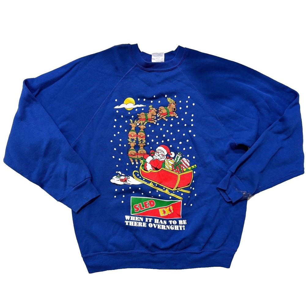 90s Christmas Kitsch Sweatshirt Women L Sled Ex Santa Reindeer Blue VTG Holiday